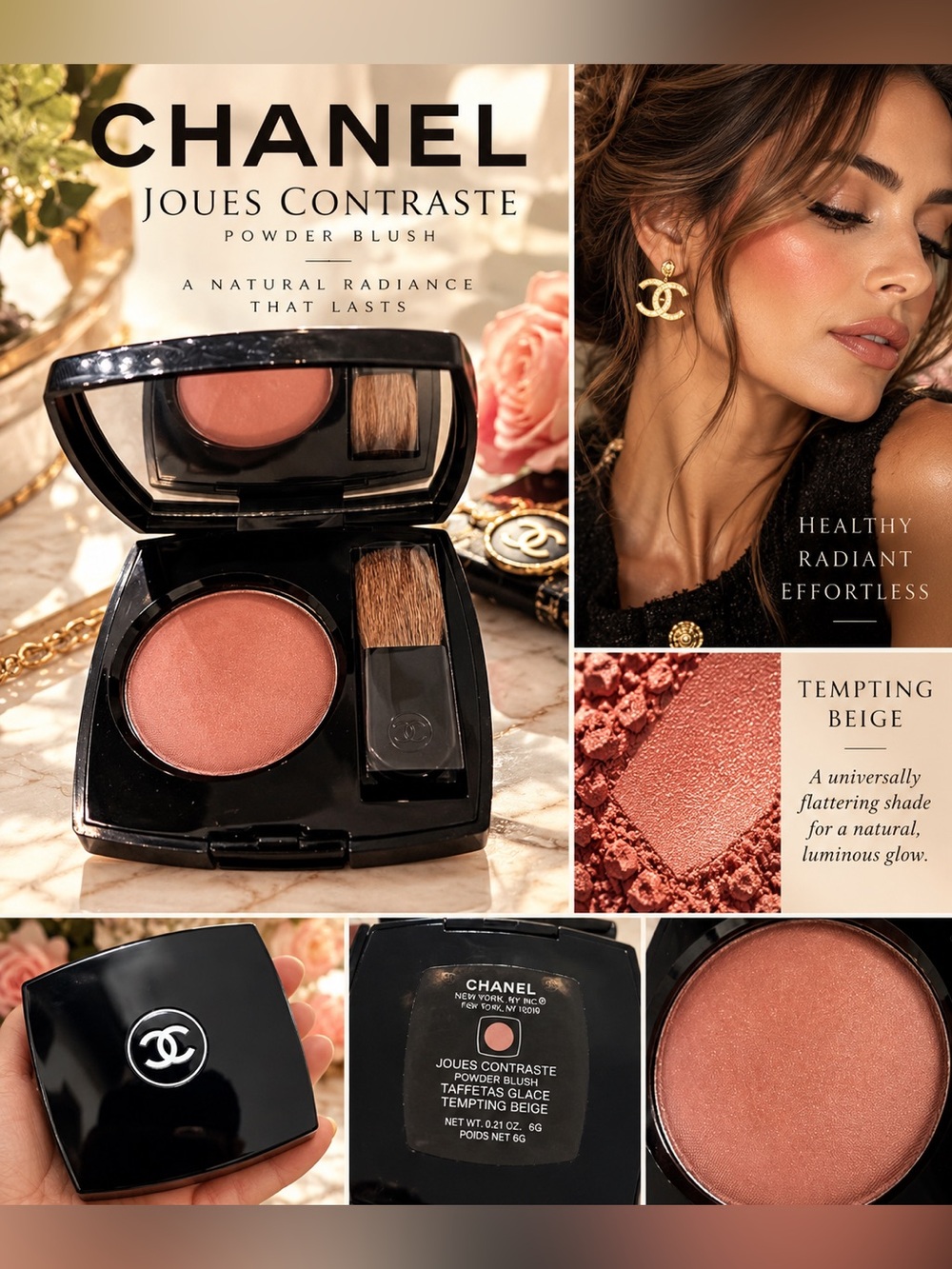 CHANEL Joues Contraste Powder Blush — Tempting Beige Peach-Pink
